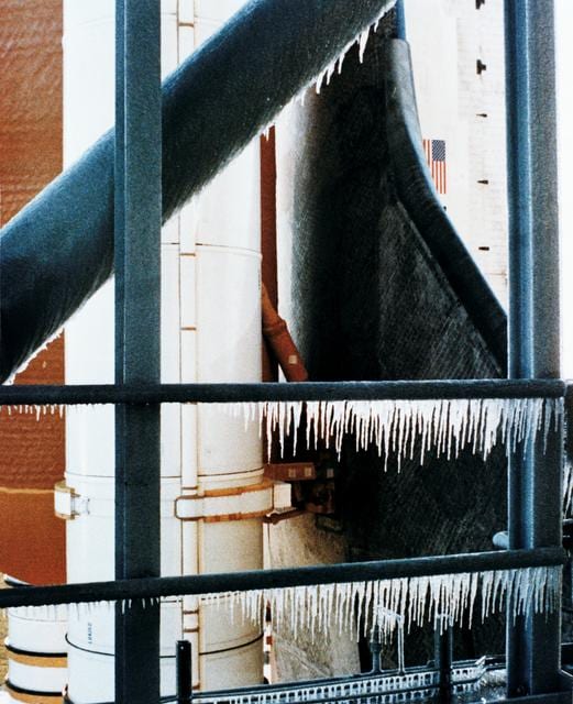 View of ice on the launch complex