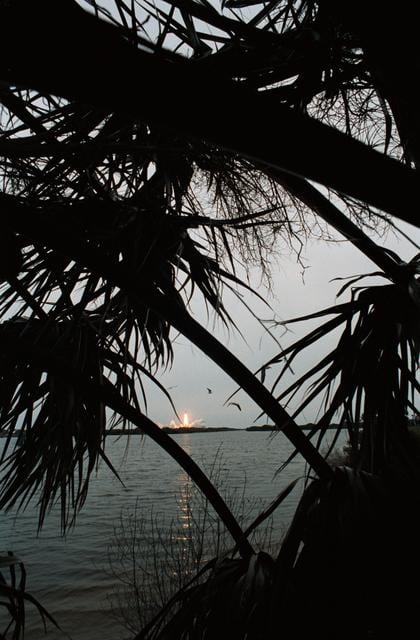 View of the shuttle Discovery on the launch pad just prior to STS 51-D launch